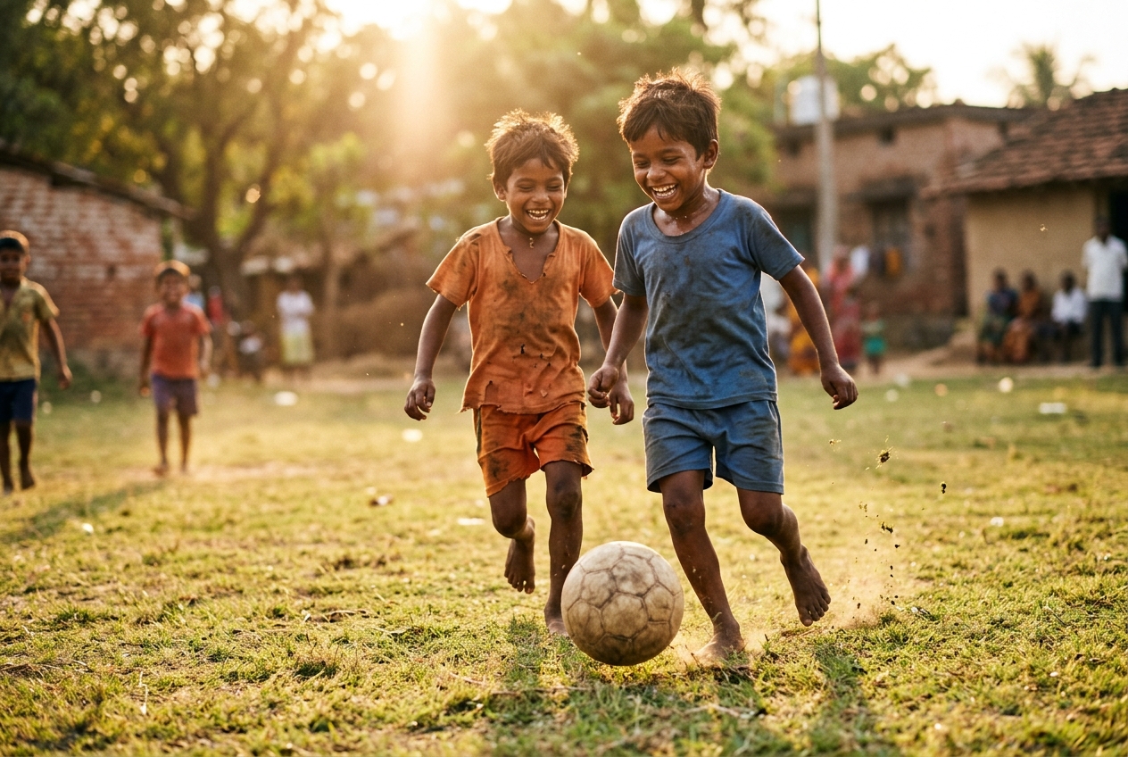 Underprivileged children playing football with joy